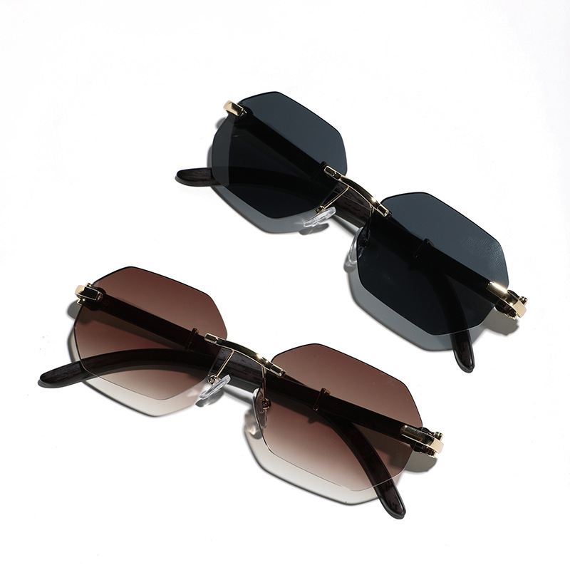 Wholesale Rimless Octagonal Sunglasses With Wood Grain Legs - Everful