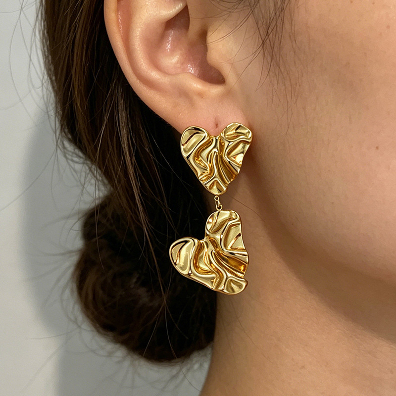 Irregular Pleated Heart Drop Earrings Stainless Steel 18K Gold Plated French Ins Style Geometric Niche Jewelry For Women