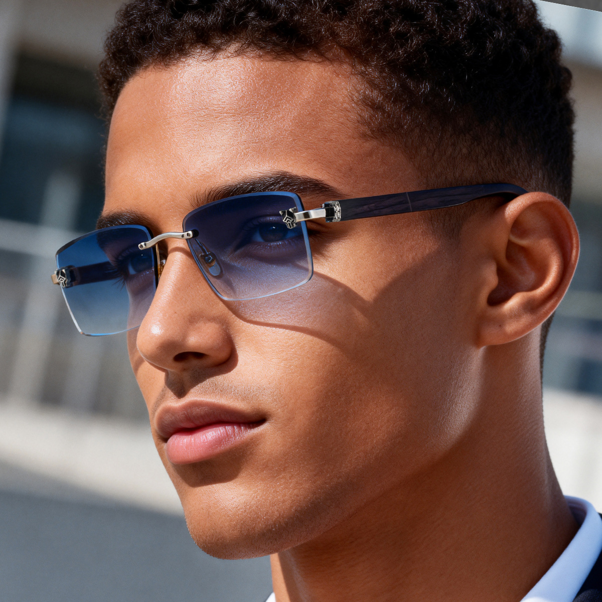 Wholesale Frameless Wood Grain Sunglasses with Leopard Head Decoration - Everful