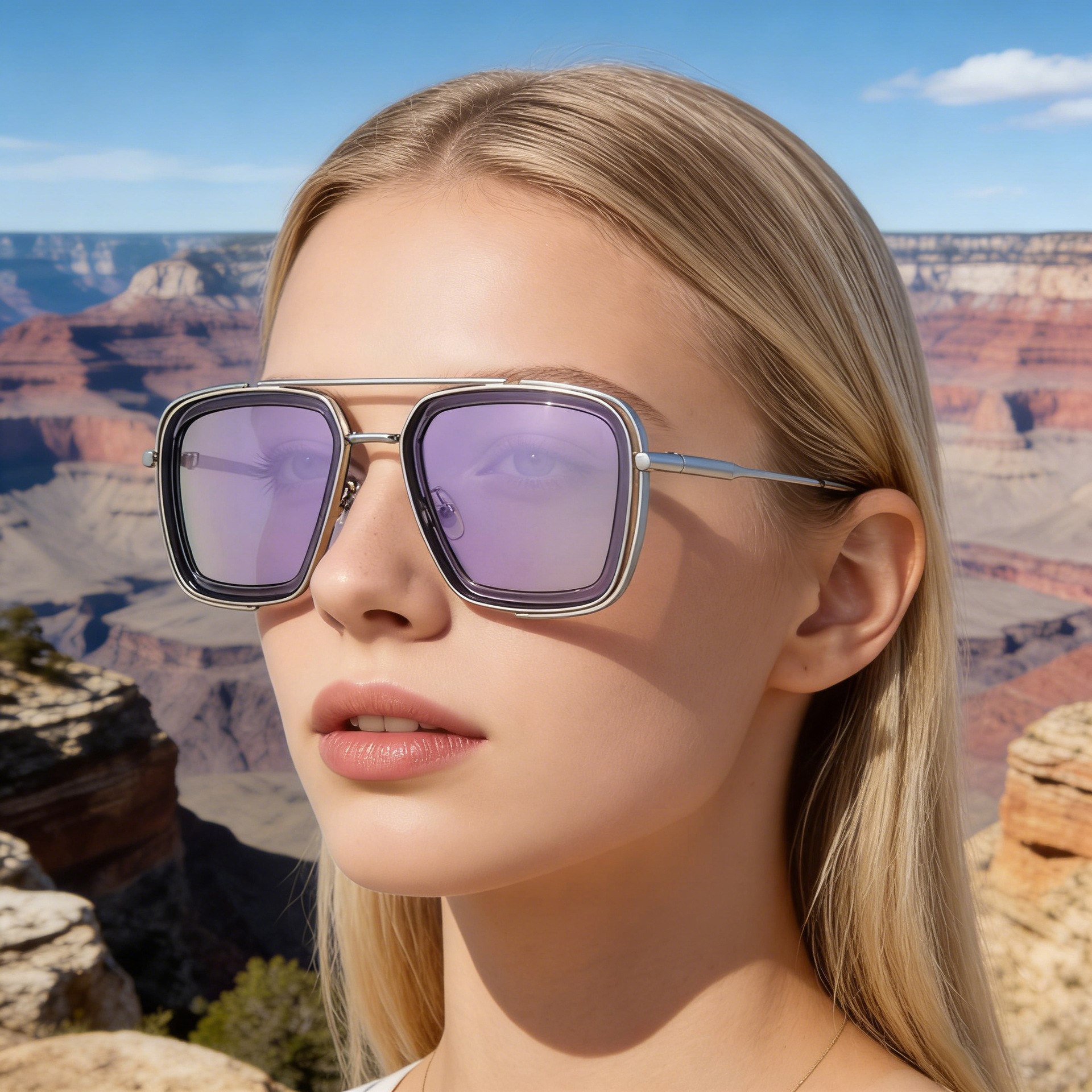 Wholesale Vintage Square Sunglasses with Metal Double Bridge For Women - Everful