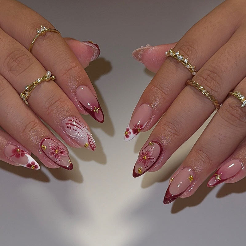 Wholesale 3D Floral Almond French Gradient False Nails Set - Everful