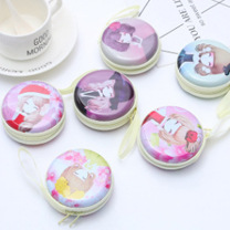 Round Tinplate Coin Purse Mini Zipper Portable Storage Box For Earphones Coins Keys Cartoon Printed Metal Case For Women Kids Gift