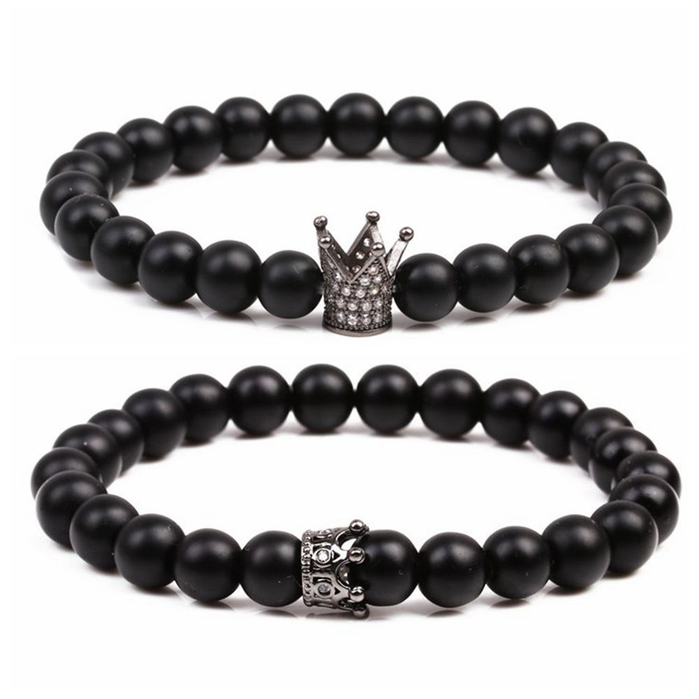 Matte Natural Stone Beaded Bracelet With Zircon Copper Crown Charm Gothic Minimalist Handmade Jewelry For Men Women