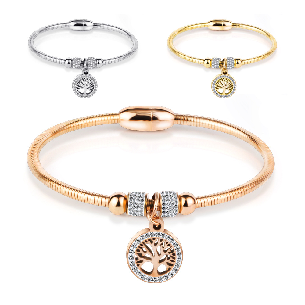 Stainless Steel Tree Of Life Bracelet Snake Chain Rhinestone Zircon Magnetic Clasp Fashion Jewelry For Women