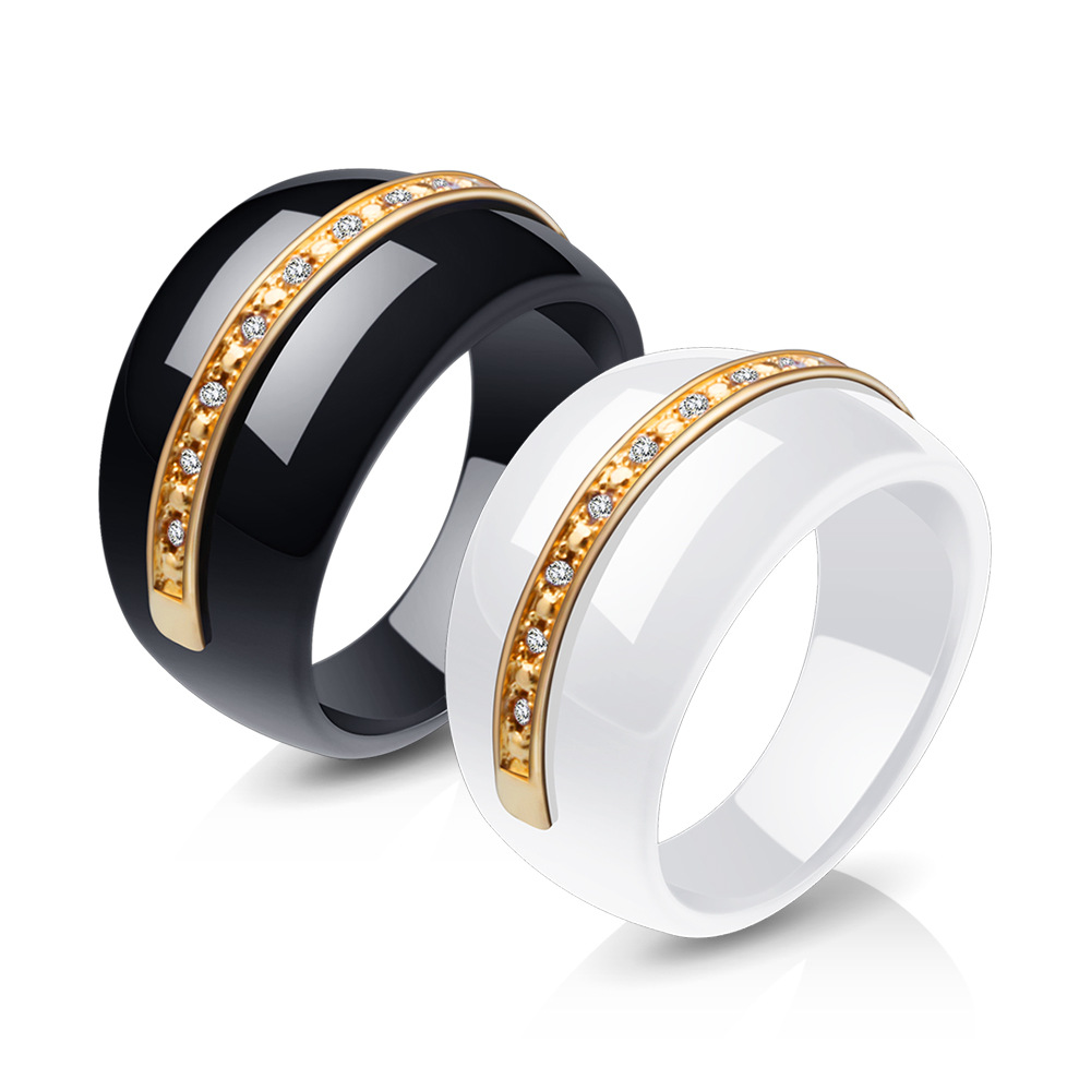 Ceramic Band Ring With 316L Stainless Steel Center And Cubic Zirconia Rhinestones Modern Fashion Jewelry For Couples