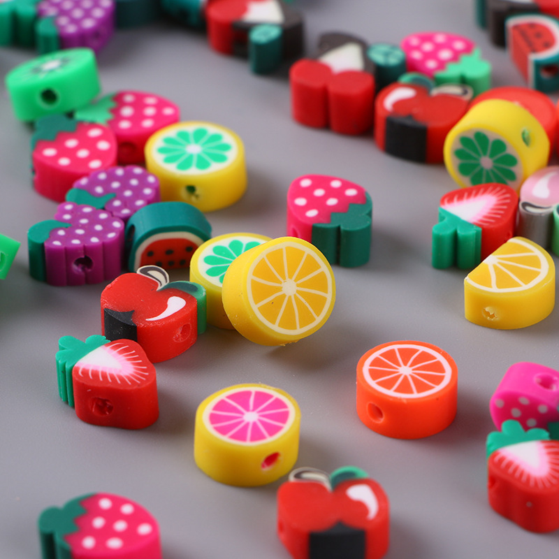 100Pcs 10mm Fruit Polymer Clay Beads Handmade Pre-drilled Slices For DIY Bracelet Necklace Jewelry Making Cute Assorted Craft Beads For Girls