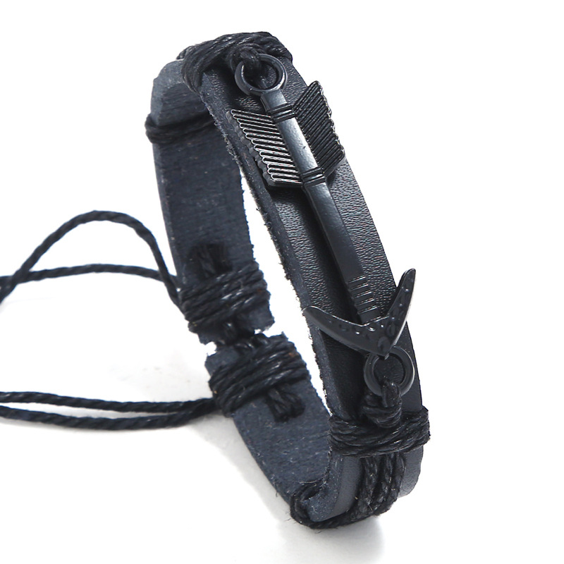Punk Woven PU Leather Bracelet With Alloy Arrow Anchor Charm Adjustable Hemp Rope Retro Jewelry For Men Women