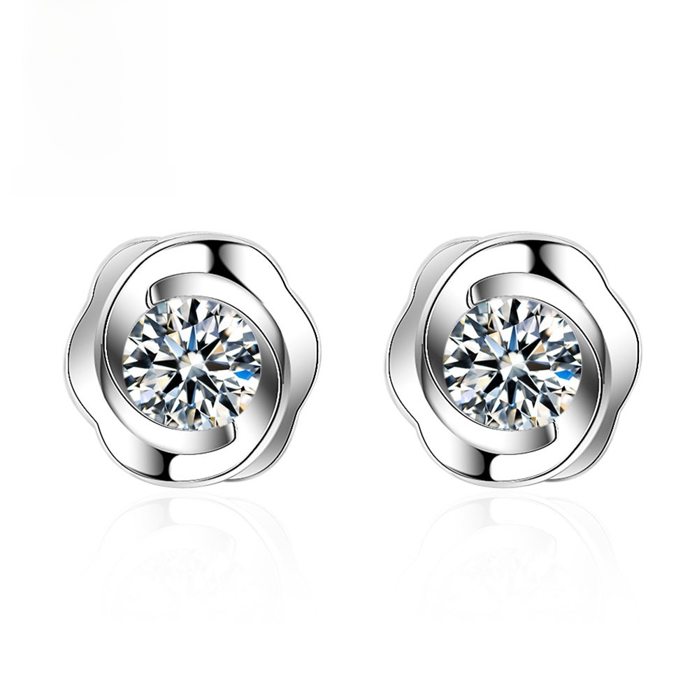 Rose Flower Stud Earrings Silver Plated Copper Zirconia Floral Design Women Jewelry 925 Sterling Silver Earring Post