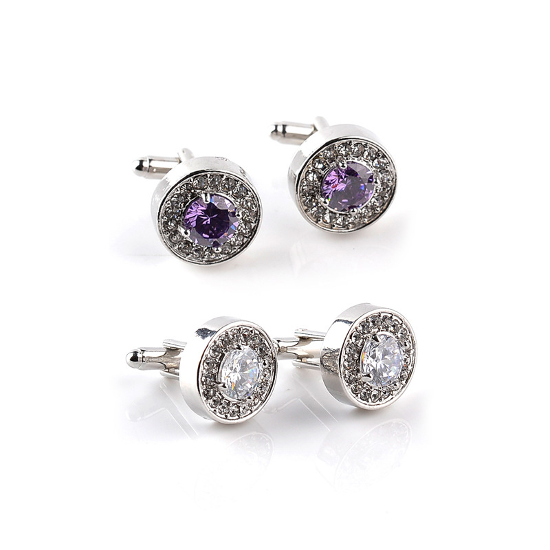 Men's Elegant Round Alloy Zirconia Cufflinks Silver Plated Crystal French Shirt Business Wedding Party Jewelry Accessories