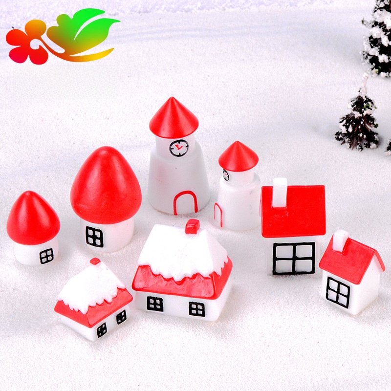Miniature Christmas House Resin Snow Building Decoration For Micro Landscape Desktop Fairy Garden Winter Red White Small Building Model Ornaments