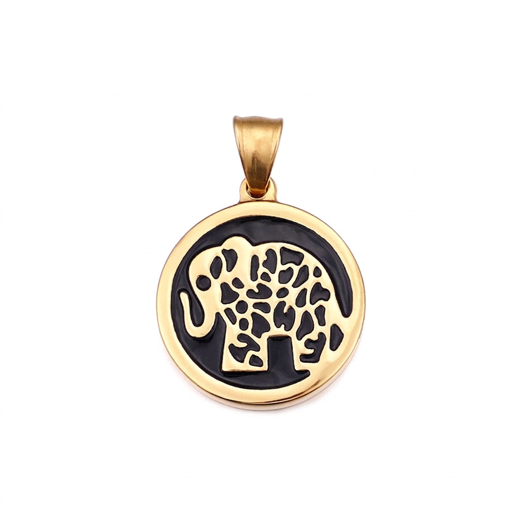 Elephant Pendant Necklace Stainless Steel Round Animal Charm Black Enamel Bohemian Ethnic Style Jewelry Accessory