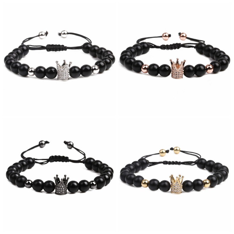 Crown Beaded Bracelet Matte Black Stone With Micro Pave Zircon Charm Adjustable Braided Rope Hip Hop Jewelry