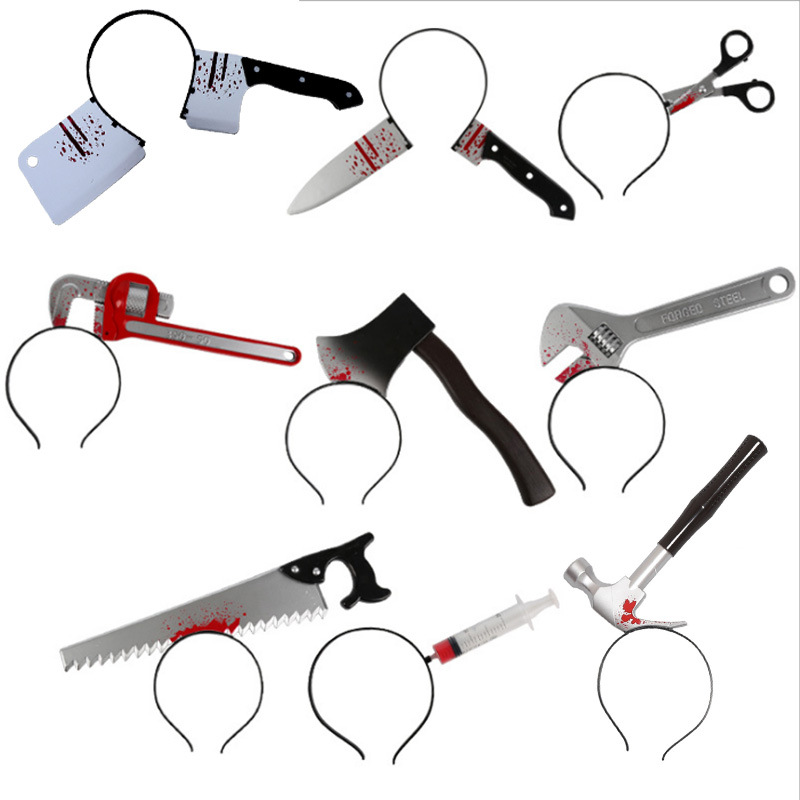 Halloween Horror Through Head Headband Plastic Bloody Tool Prank Props For Cosplay Costume Party Haunted House Decor Adults Kids