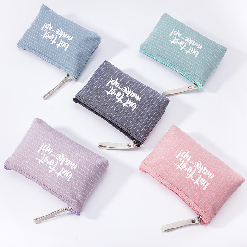 Striped Canvas Cosmetic Bag With "but first make-up!" Letter Print Travel Toiletry Organizer Zipper Pouch For Women Makeup Storage