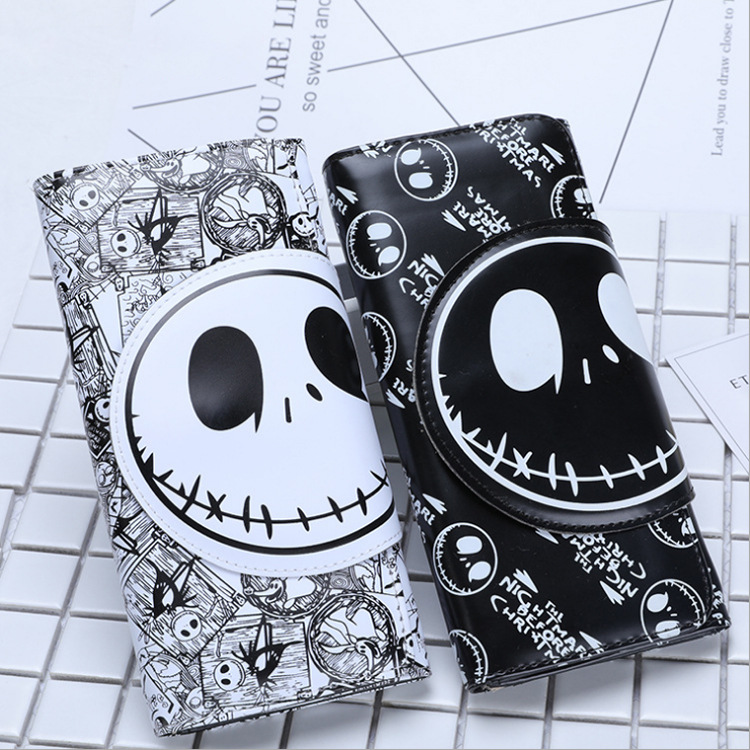 The Nightmare Before Christmas Jack Skellington Long Wallet PU Leather Cartoon Skull Print Clutch Bag Women Men Tri-fold Money Clip With Card Slots