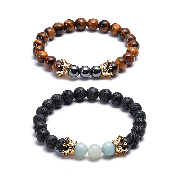 Hot Sale Lava Volcanic Stone Crown Bracelet Micro Pave Zircon Copper Crown Tiger Eye Stone Beaded Bracelet