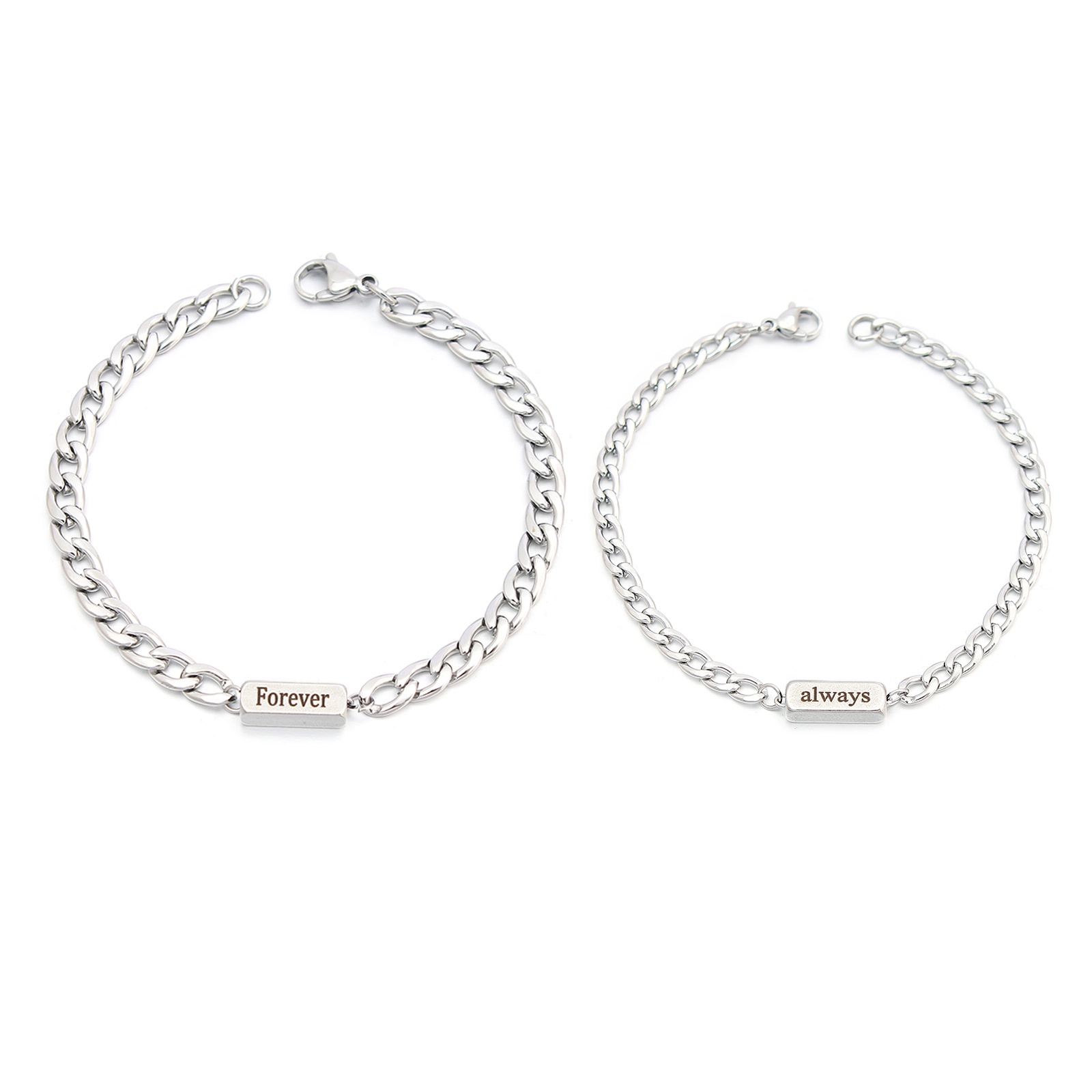 Couple Stainless Steel Engraved Bracelets Set Forever Always Cuban Link NK Chain For Anniversary Wedding Lovers Gift Minimalist Silver Jewelry