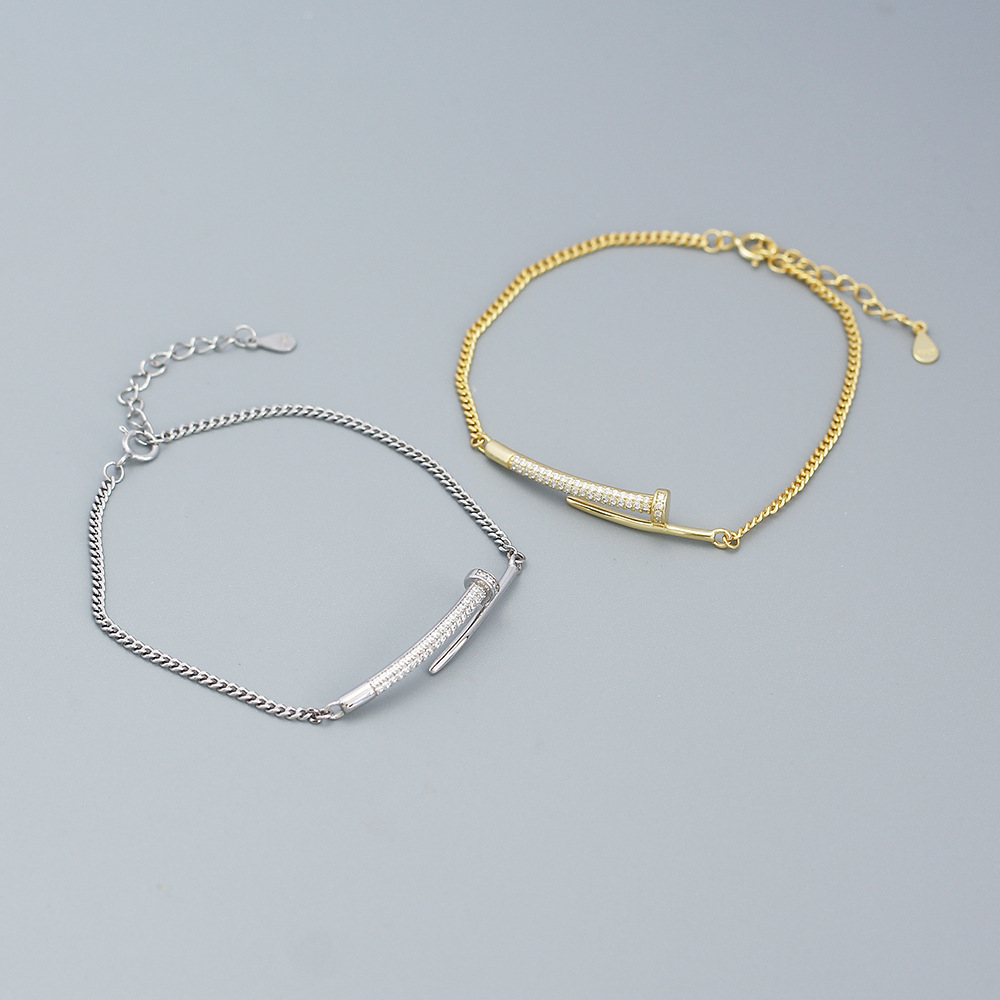 S925 Sterling Silver Bent Nail Bracelet For Women Luxury Zirconia Pave Pendent Adjustable Link Chain Bracelet Gold Silver Jewelry Gift