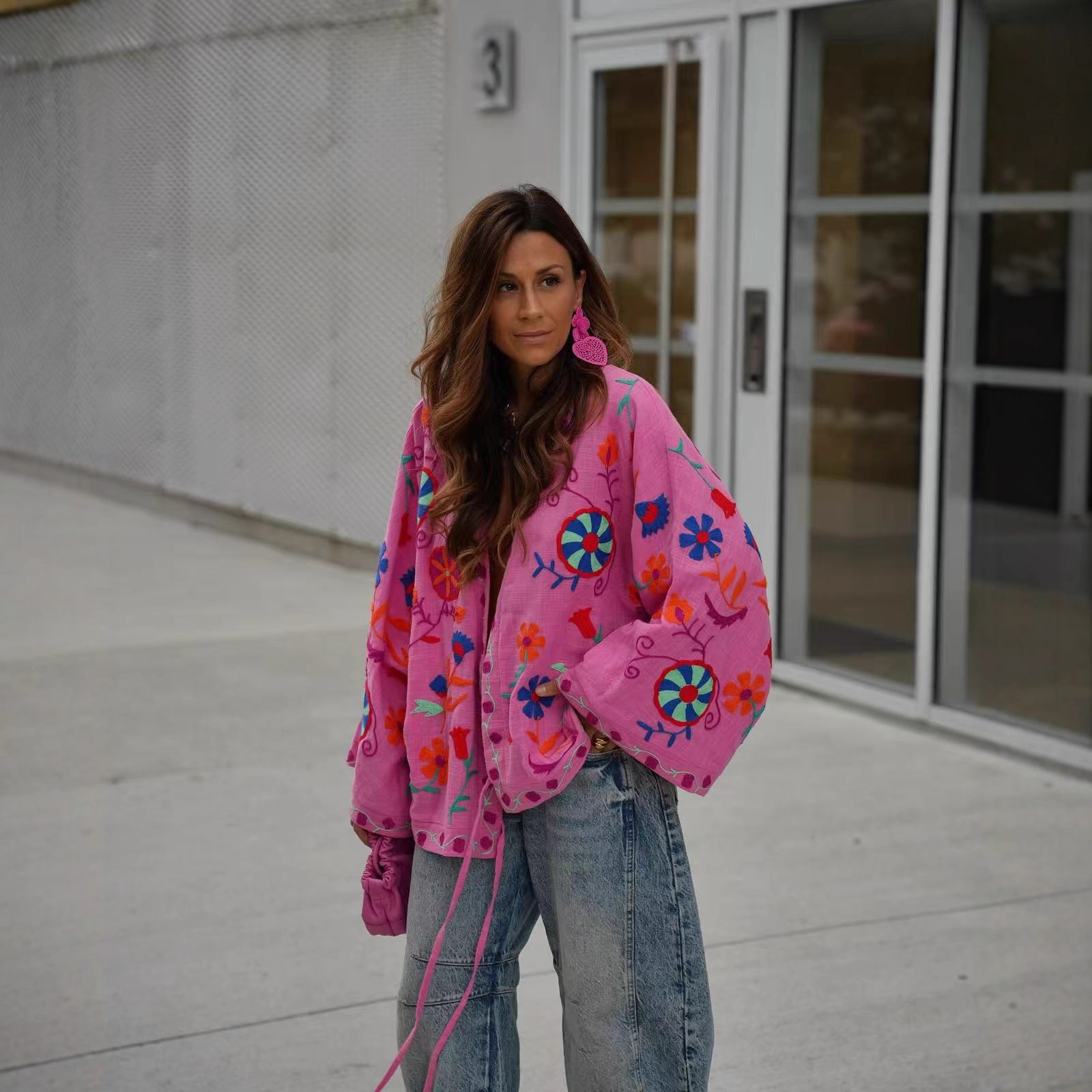 Women's Pink Floral Embroidery Cardigan Jacket Bohemian Loose Tie-Front Long Sleeve Lightweight Outerwear For Spring Summer Casual Ethnic Style
