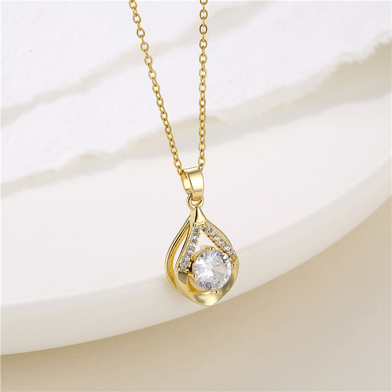 Water Drop Pendant Necklace Minimalist Stainless Steel Chain With Zirconia Elegant Gold Plated Copper Jewelry For Women Daily Wearing