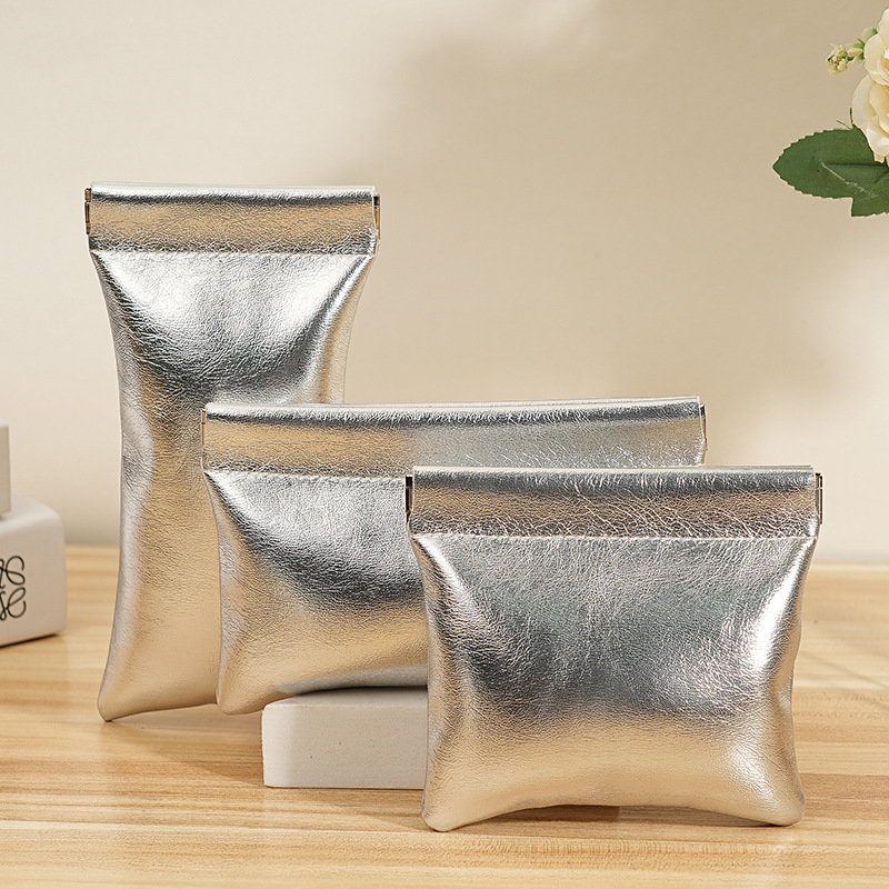 Silver PU Leather Shrapnel Self-Closing Mini Cosmetic Bag Portable Lipstick Pouch Waterproof Sunglass Case Data Cable Organizer Women Travel Accessories