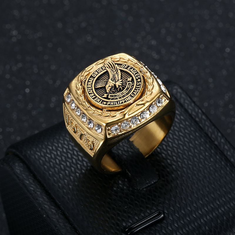 Men's Gold Plated Stainless Steel Signet Ring Philippine Eagles Fraternal Order Emblem White Cubic Zirconia Inlay Hip Hop Retro Jewelry For Men Gift