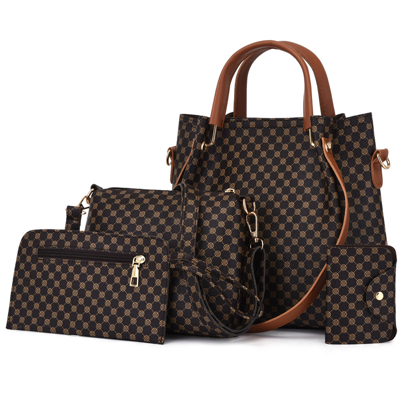 Retro Monogram Print 4-Piece Women's Bag Set PU Leather Tote Crossbody Shoulder Bag Clutch And Card Holder For Fashion Daily Commuting Travel Large Capacity