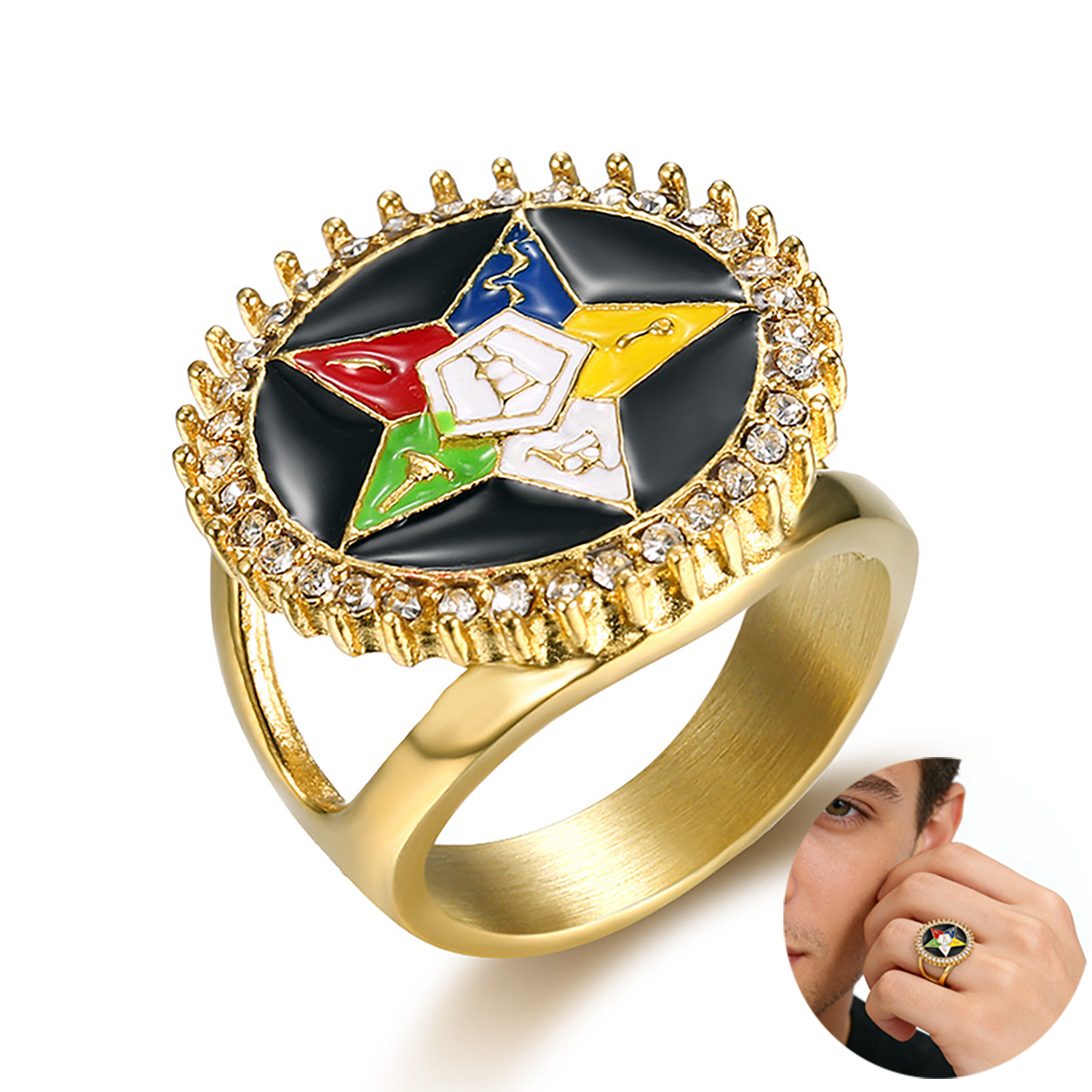 Vintage Stainless Steel OES Ring Gold Plated Enamel Five Color Star Freemasonry Ring With Zirconia For Men Women Order Of The Eastern Star Social Club Jewelry