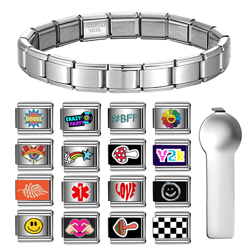 DIY Italian Charm Bracelet Stainless Steel Modular 9mm Links Jewelry Set For Women Teen Girls Personalized Customizable Modular Links Bracelet