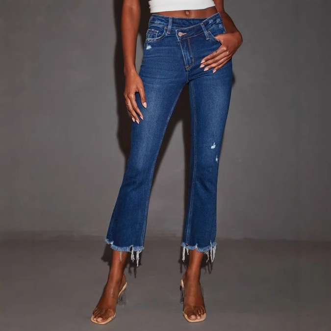 Women's Sexy Criss Cross High Waisted Flare Denim Jeans Distressed Raw Hem Cropped Capri Pants Slim Fit Stretchy Dark Blue Jeans