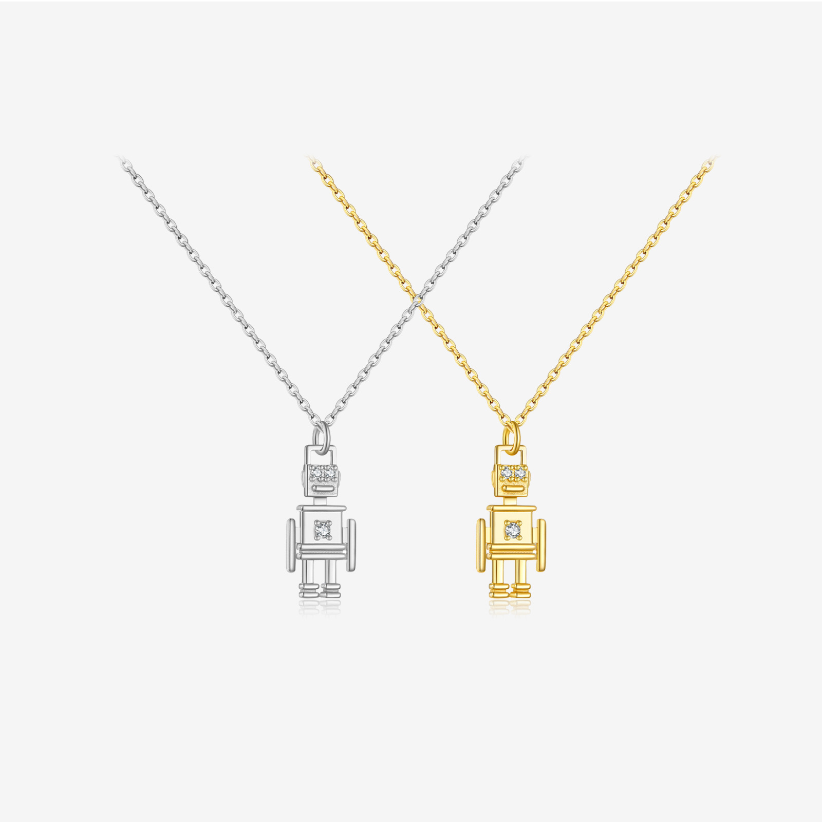 925 Sterling Silver Robot Pendant Necklace White Zirconia Inlaid Tiny Robot Charm Necklace Platinum 18K Gold Plated Jewelry For Women Girls Birthday Gift