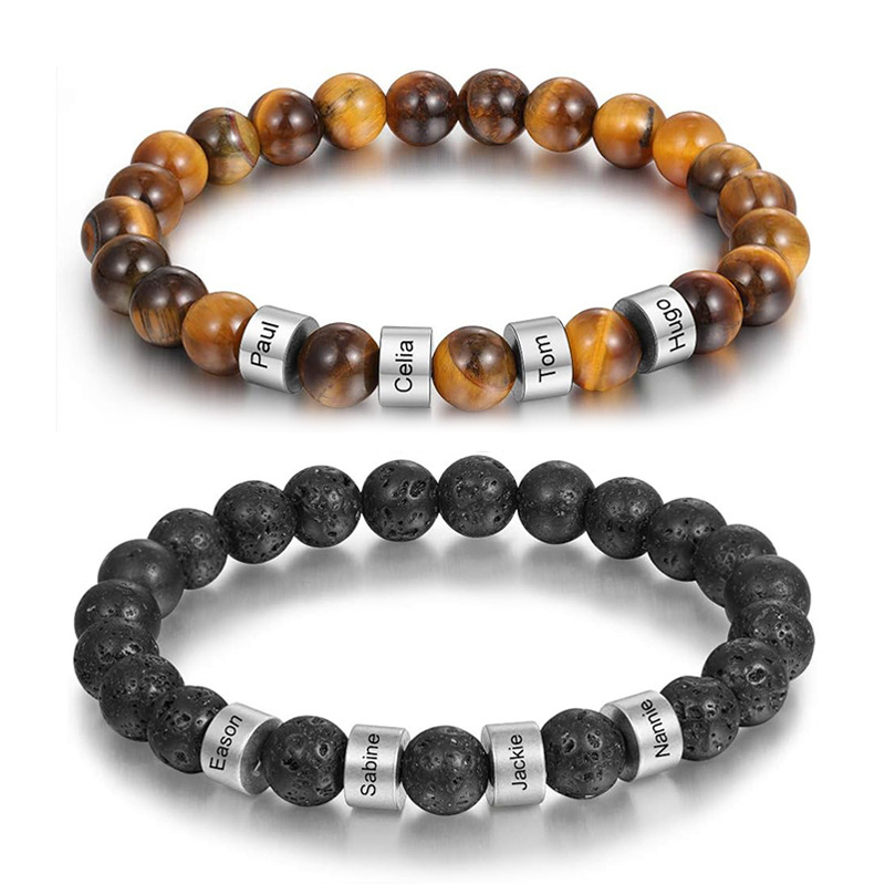 Personalized Custom Name Natural Tiger Eye Lava Stone Bracelet Stainless Steel Engraved ID Beaded Bracelets for Men Women Couples Jewelry Gift