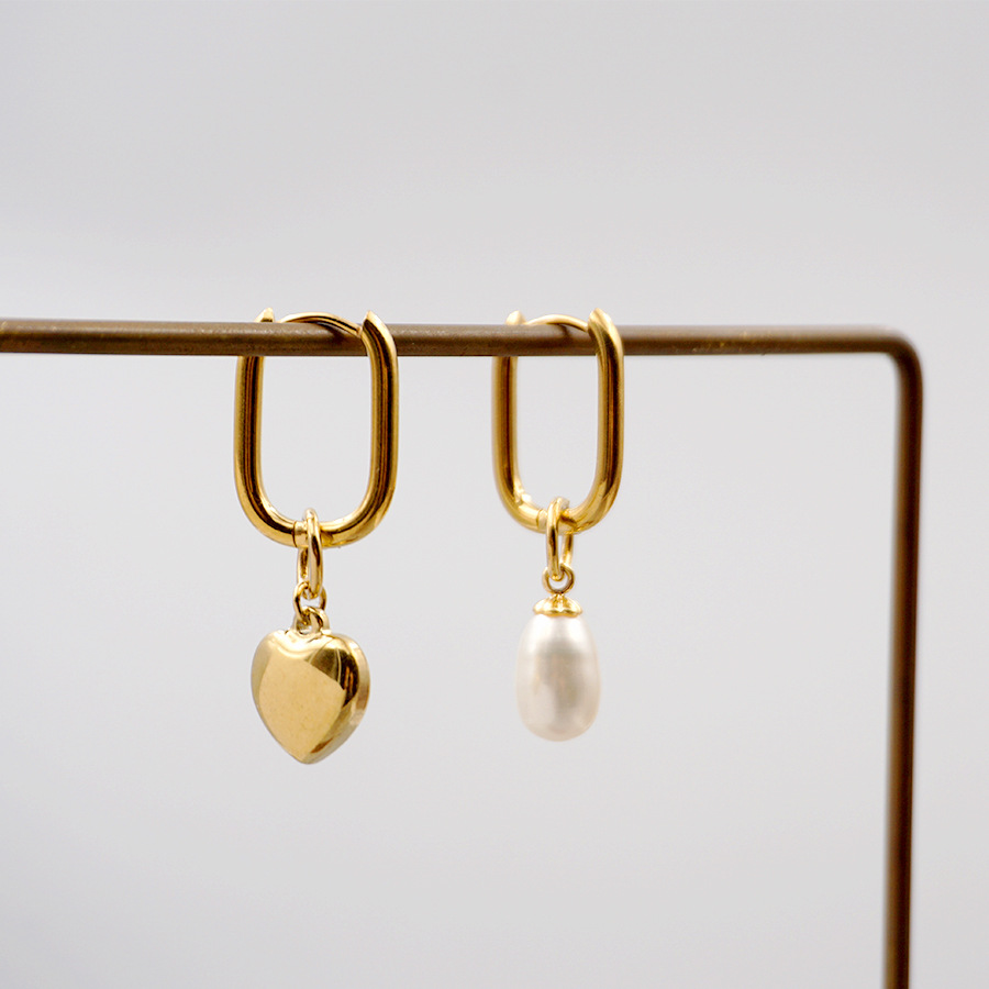 Vintage Asymmetrical Heart Freshwater Pearl Drop Earrings Titanium Steel Gold Plated U Shaped Hoops Baroque Style For Women
