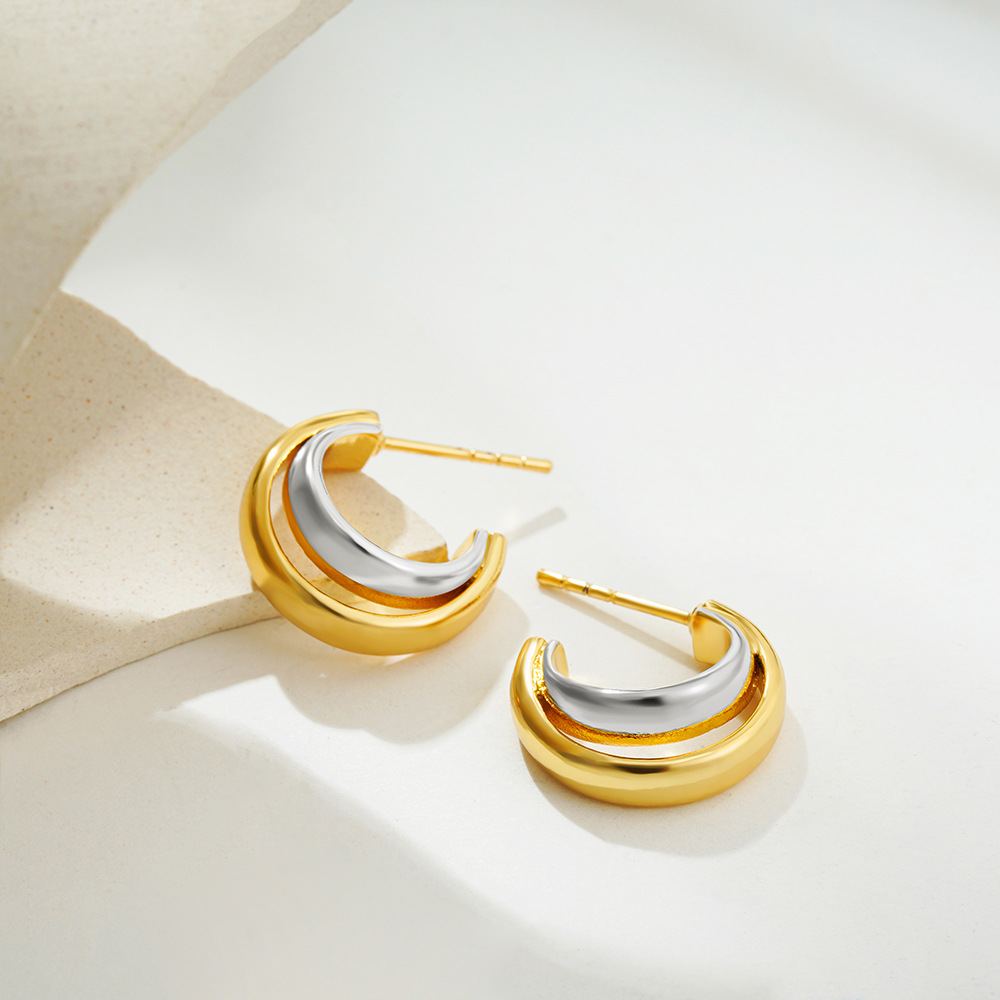 18K Gold Plated Stainless Steel C-Shaped Stud Earrings Gold Silver Two Tone Double Layer Overlapping Geometric Earrings for Women Fashion Jewelry