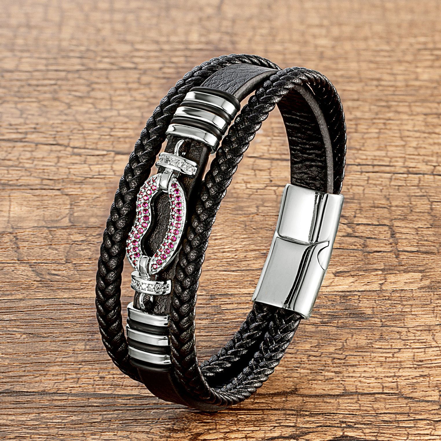 Men's Multilayer Leather Braided Bracelet With Stainless Steel Magnetic Clasp Zirconia Inlay Vintage Punk Style Fashion Hand Jewelry For Men Black