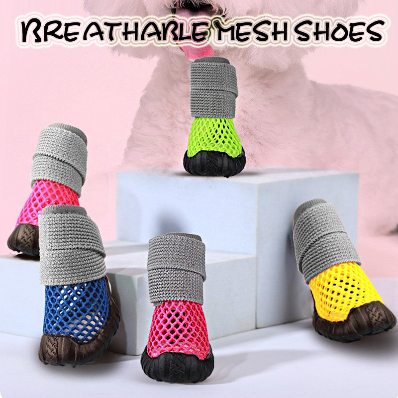 Breathable Pet Mesh Shoes Anti-slip Rubber Sole Dog Summer Sandals For Small Dogs Puppy Outdoor Walking Protective Footwear 4Pcs Set Comfortable Soft Paw Protectors