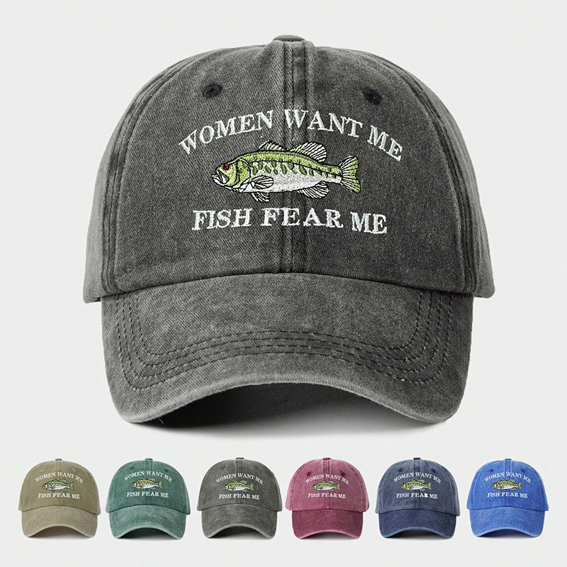 Women Want Me Fish Fear Me Embroidered Baseball Cap Washed Cotton Polyester Distressed Vintage Fishing Hat For Women Men Adjustable Sun Protection Outdoor Sport Cap