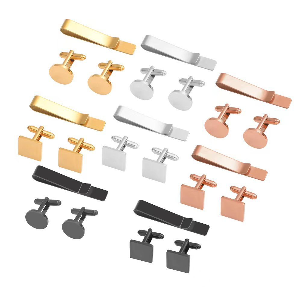 Stainless Steel Tie Clip and Cufflinks Set For Men Business Formal Wedding Accessory Mirror Polished Luxury Gold Silver Black Rose Gold Metal Jewelry Gift Set