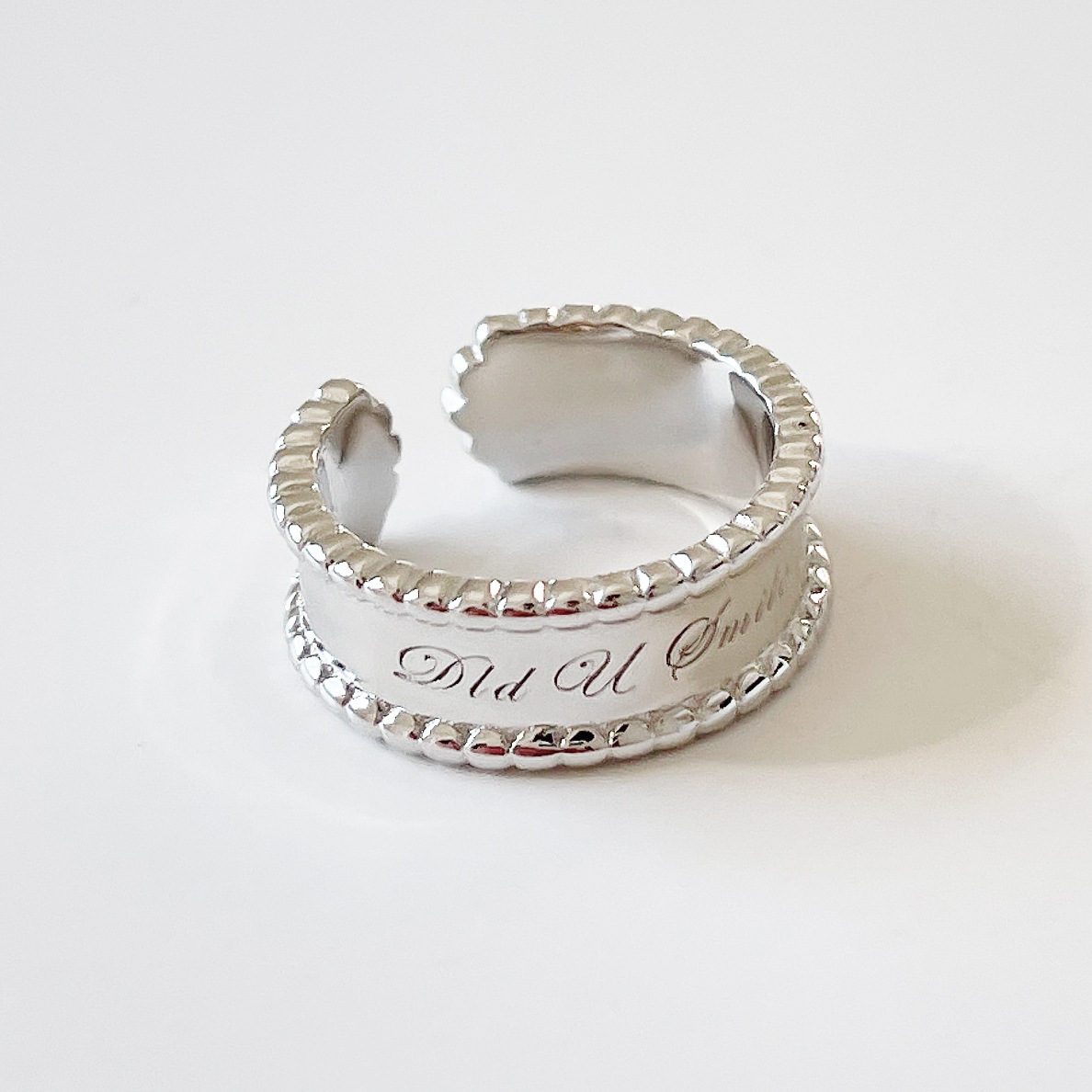 925 Sterling Silver Adjustable Open Ring For Women "Did U Smile Today" Engraved Minimalist Band With Perlee Beaded Edge Personalized Statement Ring Jewelry Gift