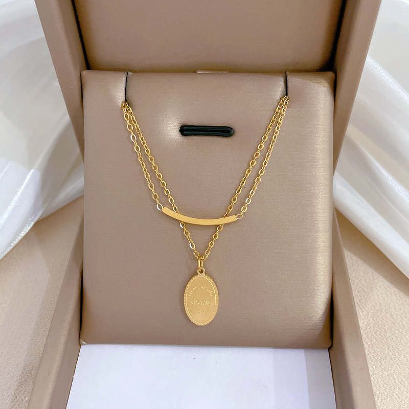 316L Stainless Steel Double Layer Necklace with Curved Bar and Oval Tag Pendant PLEASE RETURN TO NEW YORK Engraved Gold Silver Plated Jewelry for Women Dainty Daily Accessory