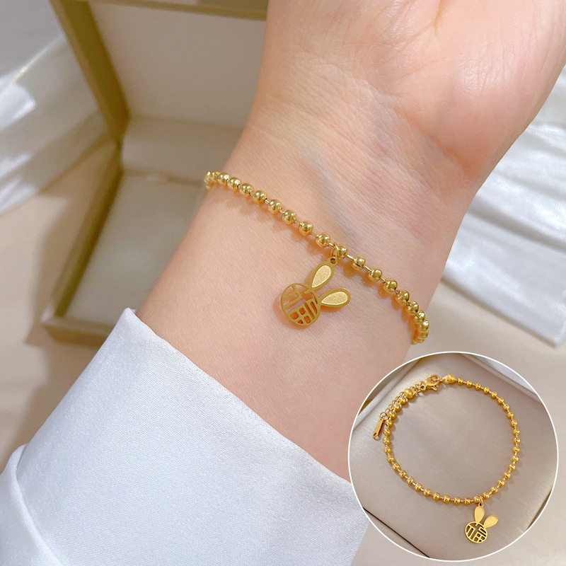 Titanium Steel Beaded Bracelet With Hollow Rabbit Good Fortune Fu Pendant For Women Elegant Retro Adjustable Jewelry Gift