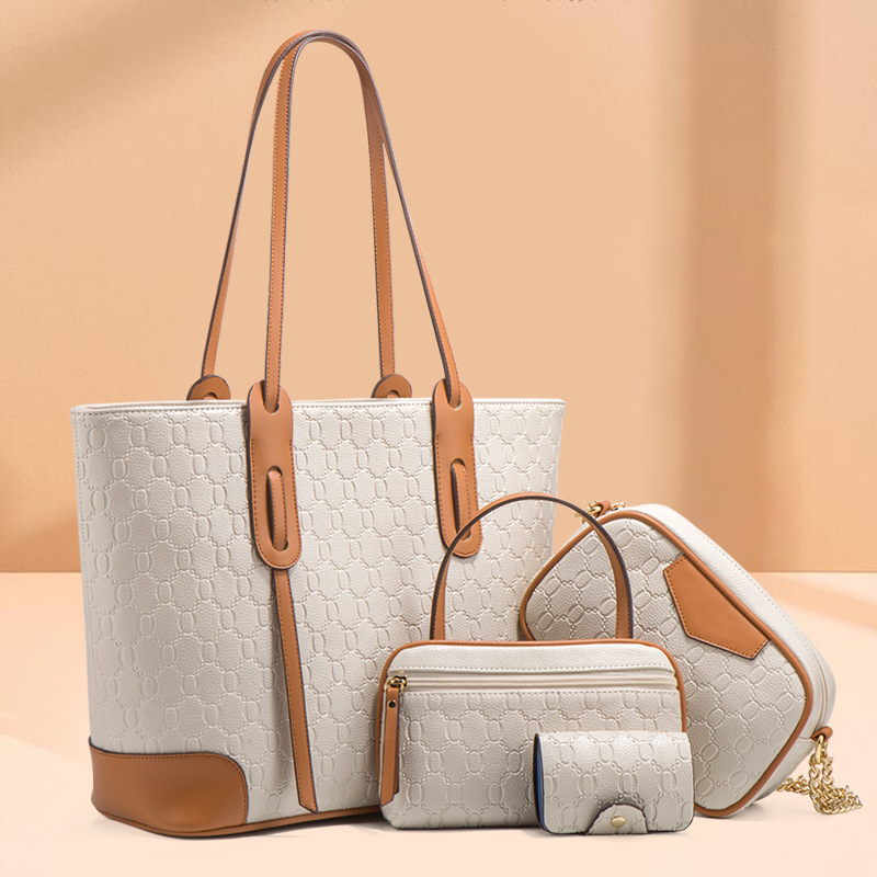 4pcs Set Women PU Leather Tote Bag Large Capacity Retro Geometric Embossed Shoulder Bags Crossbody Bag Clutch Card Holder Fashion Handbags For Daily Work
