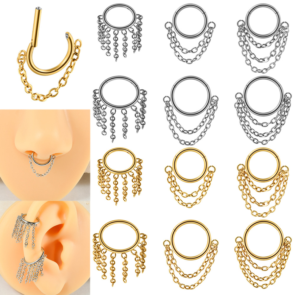 Stainless Steel Septum Nose Ring Dangling Chain Hinged Segment Ring Body Piercing Jewelry Punk Gothic Style Unisex