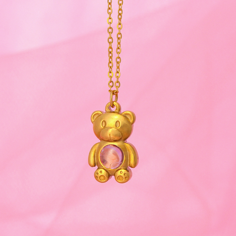 Cute Bear Pendant Necklace Stainless Steel 18K Gold Plated Pink Crystal Astronaut Y2K Fashion Jewelry For Women Girls
