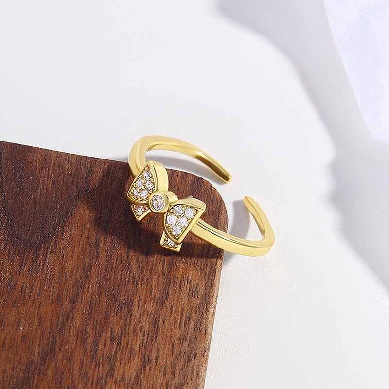 Gold Plated Copper Zirconia Bow Ring Adjustable Open Band Ring For Women Sweet Minimalist Jewelry Elegant Daily Wearing Accessories