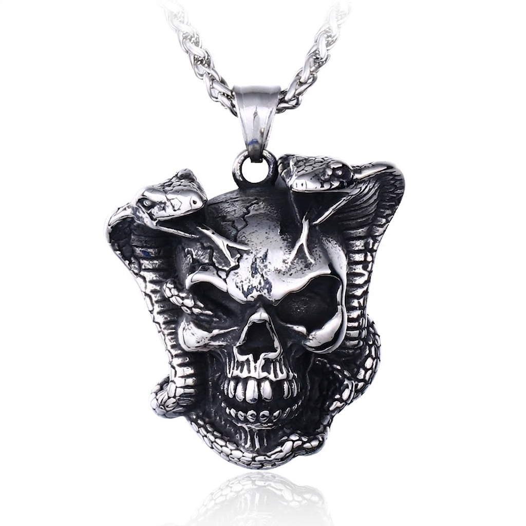 Skull And Double Snake Pendant 316L Stainless Steel Oxidized Finish Gothic Punk Rock Biker Jewelry For Men