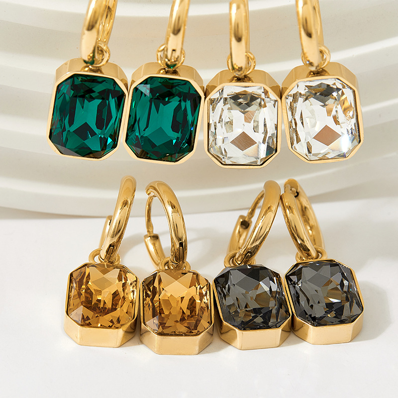 Luxury Stainless Steel Rectangular K9 Glass Pendant Earrings Gold Plated Geometric Step Cut Hoop Earrings for Women Party Wedding Jewelry
