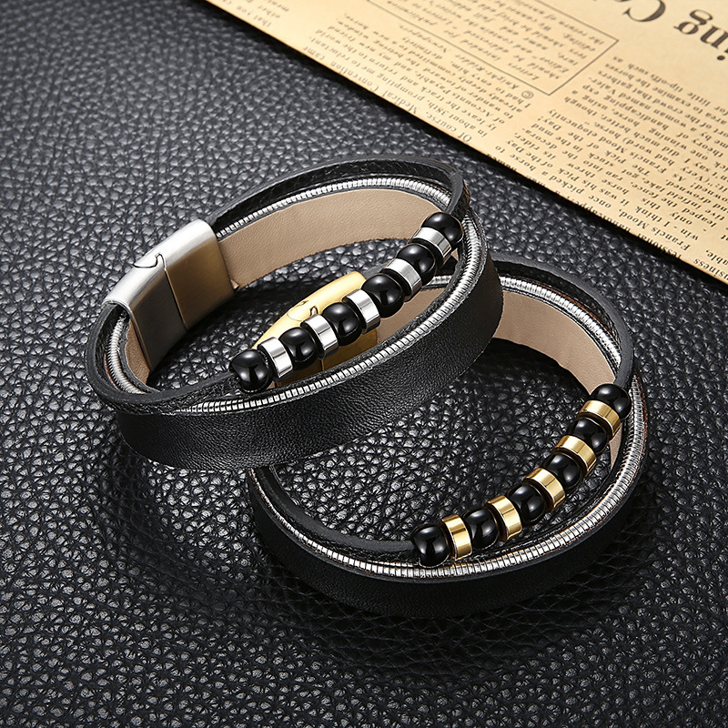 Fashion Multilayer Braided Leather Bracelet With Stainless Steel Magnetic Clasp And Black Beads Casual Men Jewelry Gift Gold Silver Options