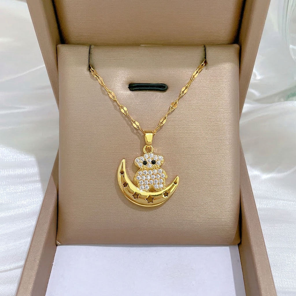 Bear On Moon Pendant Necklace Stainless Steel Chain Copper Zircon Inlaid Elegant Clavicle Chain Jewelry For Women