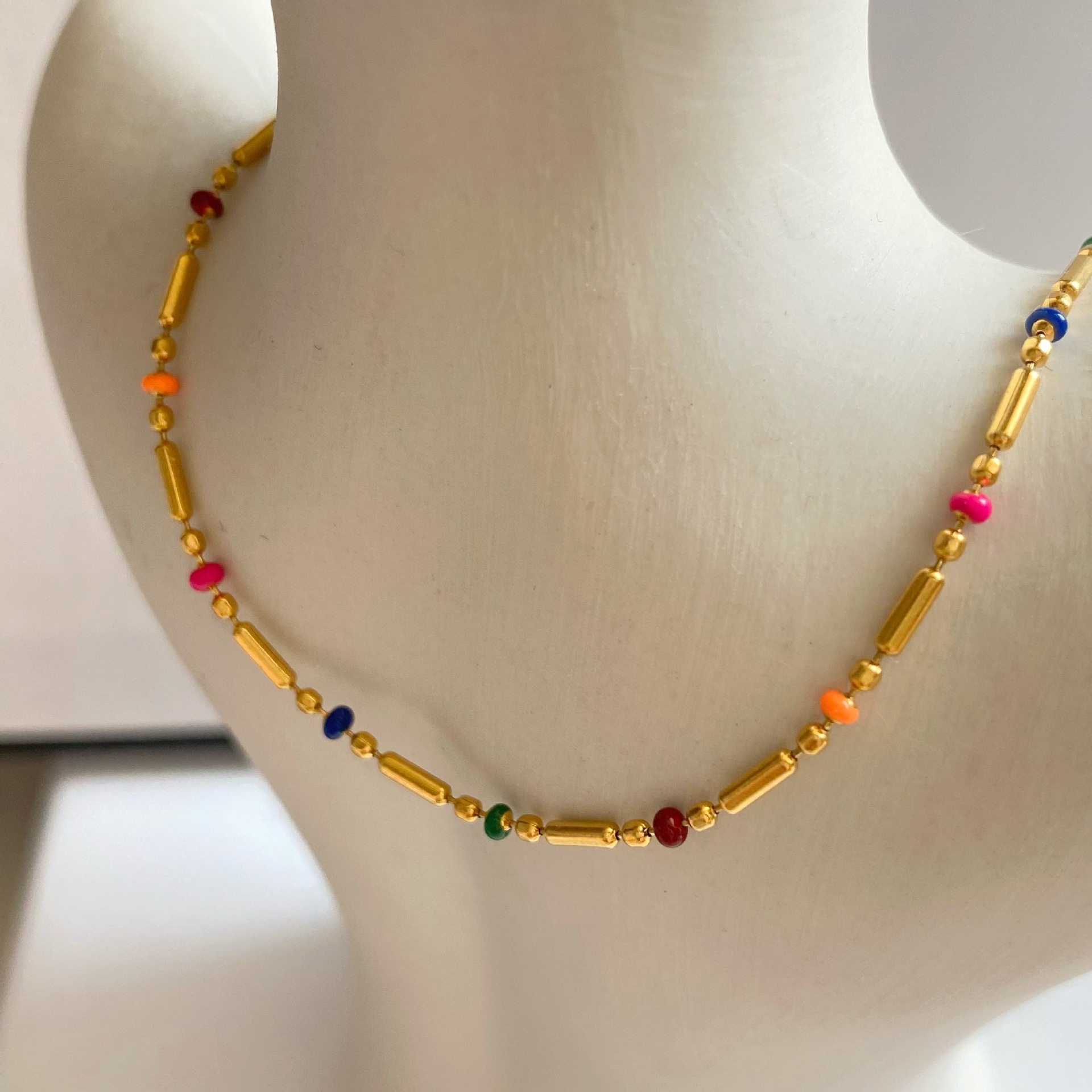 Retro 18K Gold Plated Stainless Steel Colorful Enamel Morse Code Necklace Beaded Chain Necklace For Women Jewelry Daily Wear Accessories